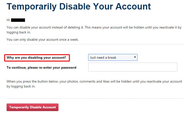 disable Instagram account